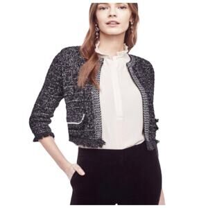 Ann Taylor Blazer Fringe Jacket, Black and White Stretch Knit Cropped Size L